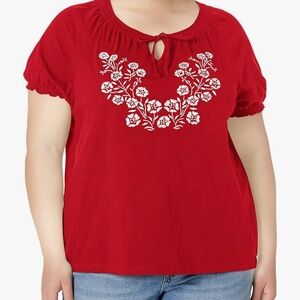 Tommy Hilfiger Women's Keyhole Tie Floral Neckline Short Sleeve